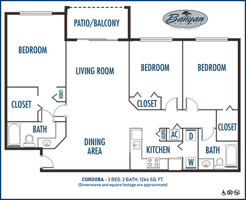 Three bedroom floor plan at Banyan Pointe, Coconut Creek, FL 33073 